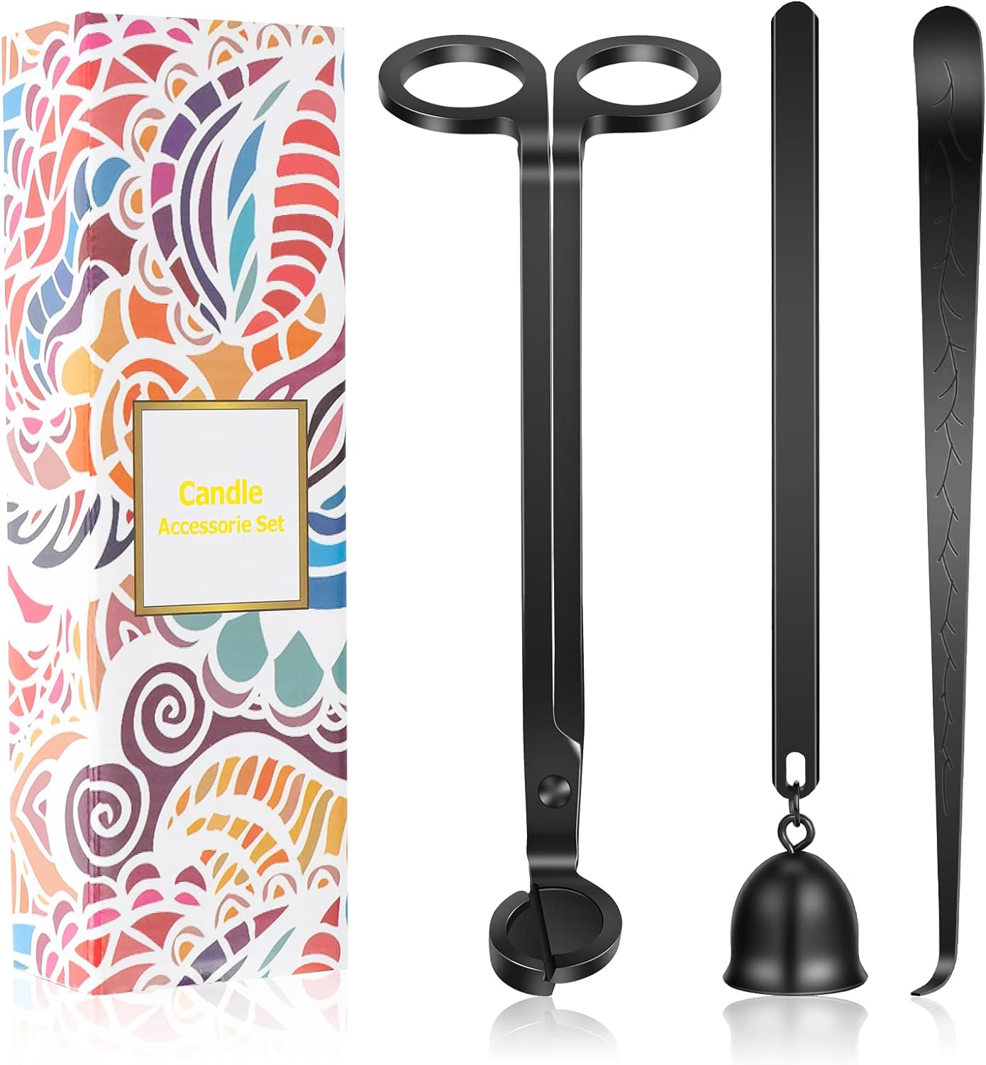 "3-in-1 Candle Accessory Kit" by Owl Creek Candles. Includes Wick Trimmer, Candle Snuffer, and Wick Dipper. Essential tools for candle maintenance and safety.