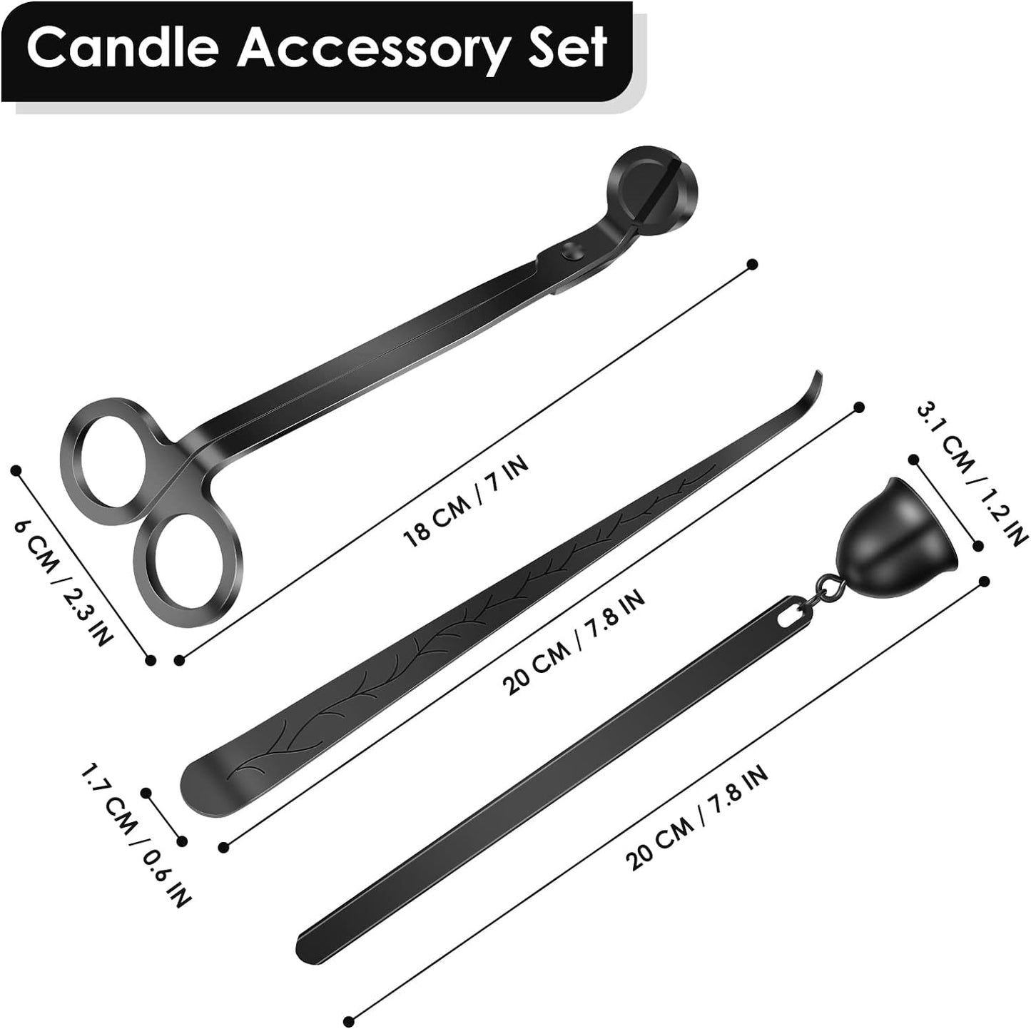 "3-in-1 Candle Accessory Kit" by Owl Creek Candles. Includes Wick Trimmer, Candle Snuffer, and Wick Dipper. Essential tools for candle maintenance and safety.