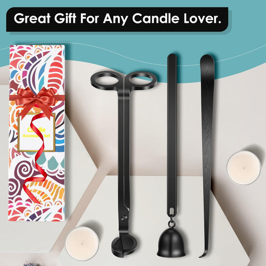 "3-in-1 Candle Accessory Kit" by Owl Creek Candles. Includes Wick Trimmer, Candle Snuffer, and Wick Dipper. Essential tools for candle maintenance and safety.